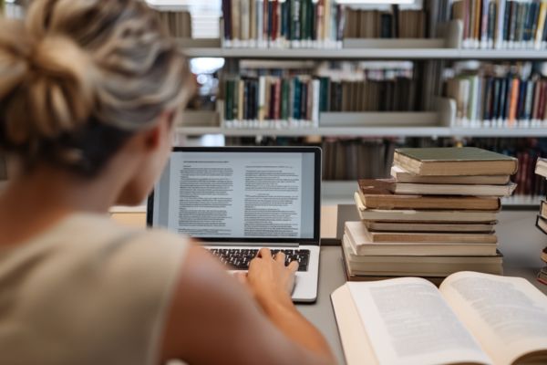 academic researching in a library