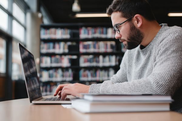 PhD student in a library